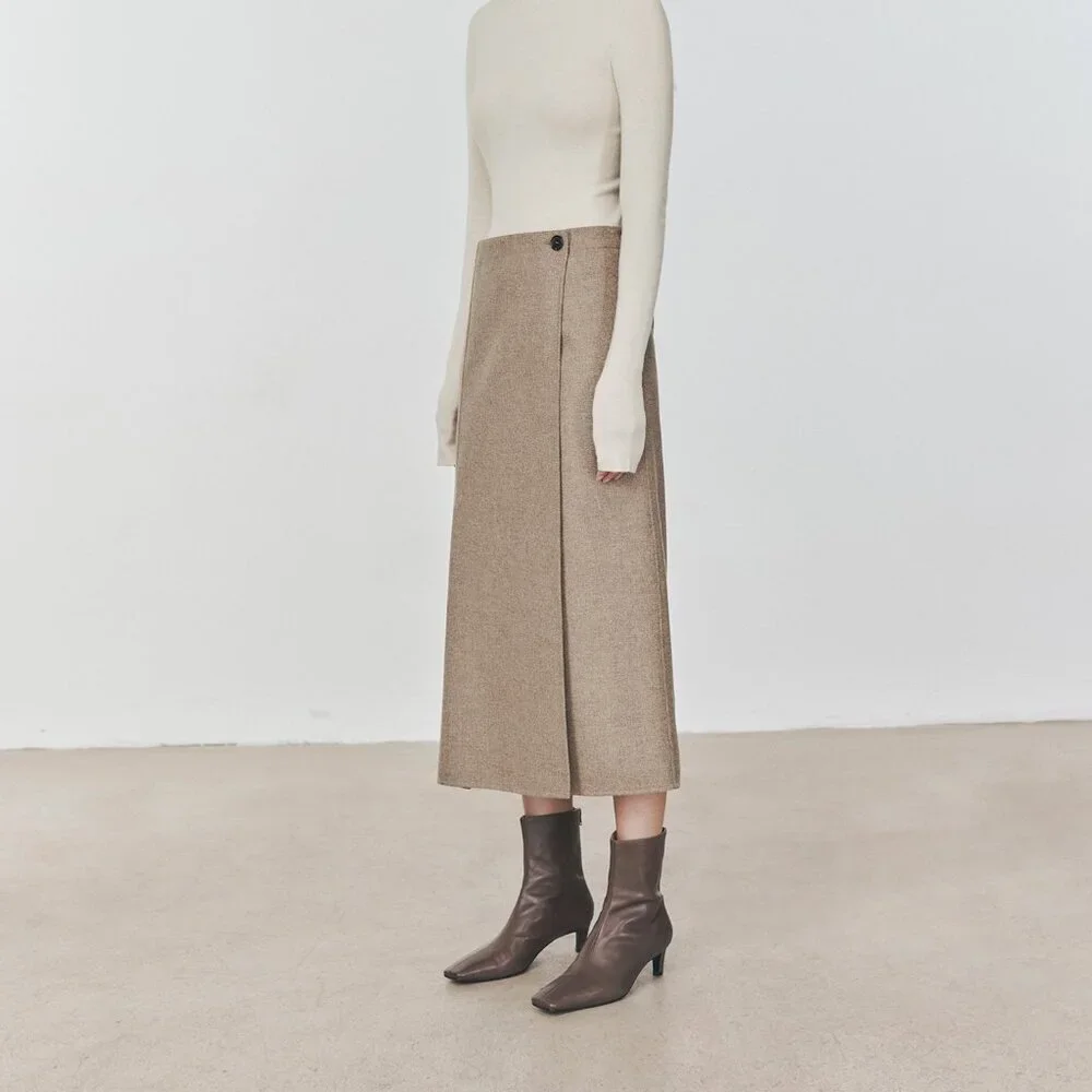 CHICJOC High-End 100% Wool Midi Wrap Skirt w/ Silk Waistband – Size 38